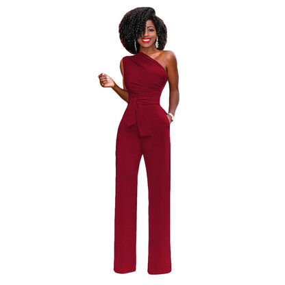 Solid color slant collar button up Jumpsuit