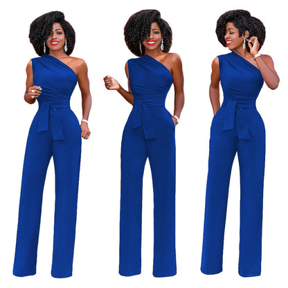 Solid color slant collar button up Jumpsuit