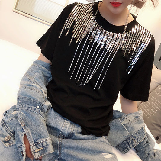 Sequin Rhinestones Tassel Women's Shirt