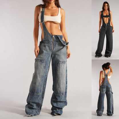 Denim Overalls With Pockets Loose Suspender Jumpsuit Streetwear Jeans Pants