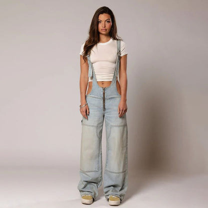 Denim Overalls With Pockets Loose Suspender Jumpsuit Streetwear Jeans Pants