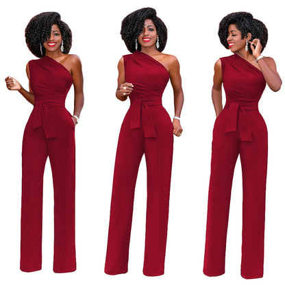 Solid color slant collar button up Jumpsuit